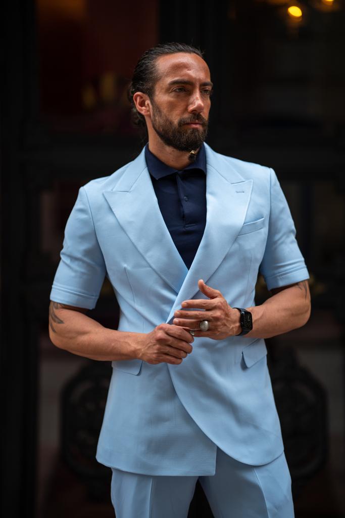 A Blue Short Sleeve Suit on display 