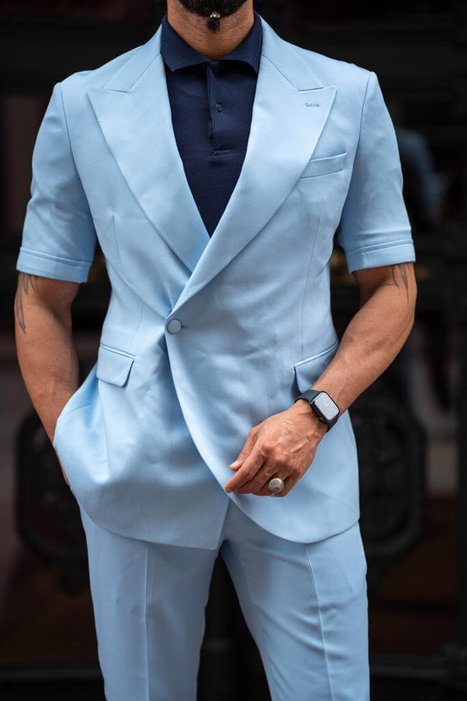 A Blue Short Sleeve Suit on display 