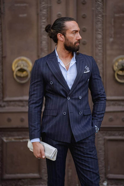 Suitharbor Men s Blue Striped Double Breasted Suit Elevate Your Unique Style SUITHARBOR