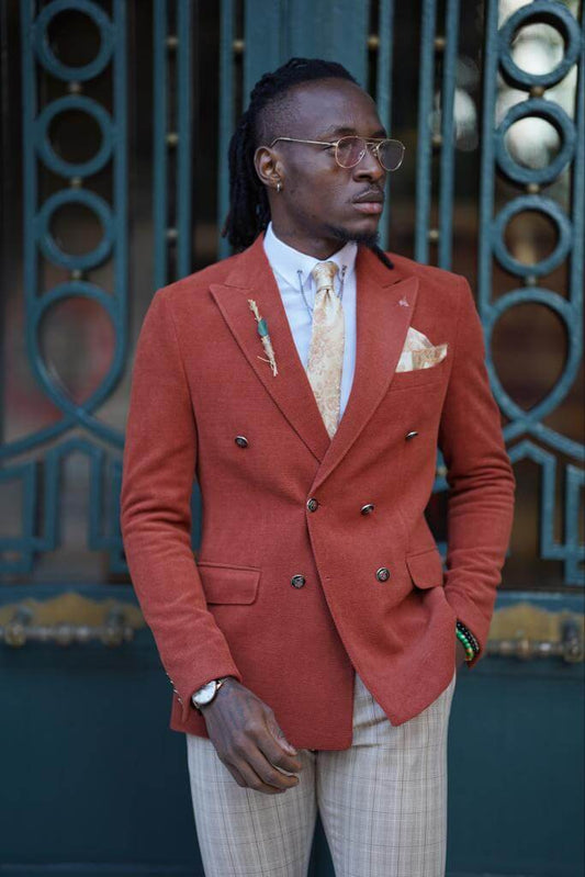 Brick double-breasted blazer with a tailored fit