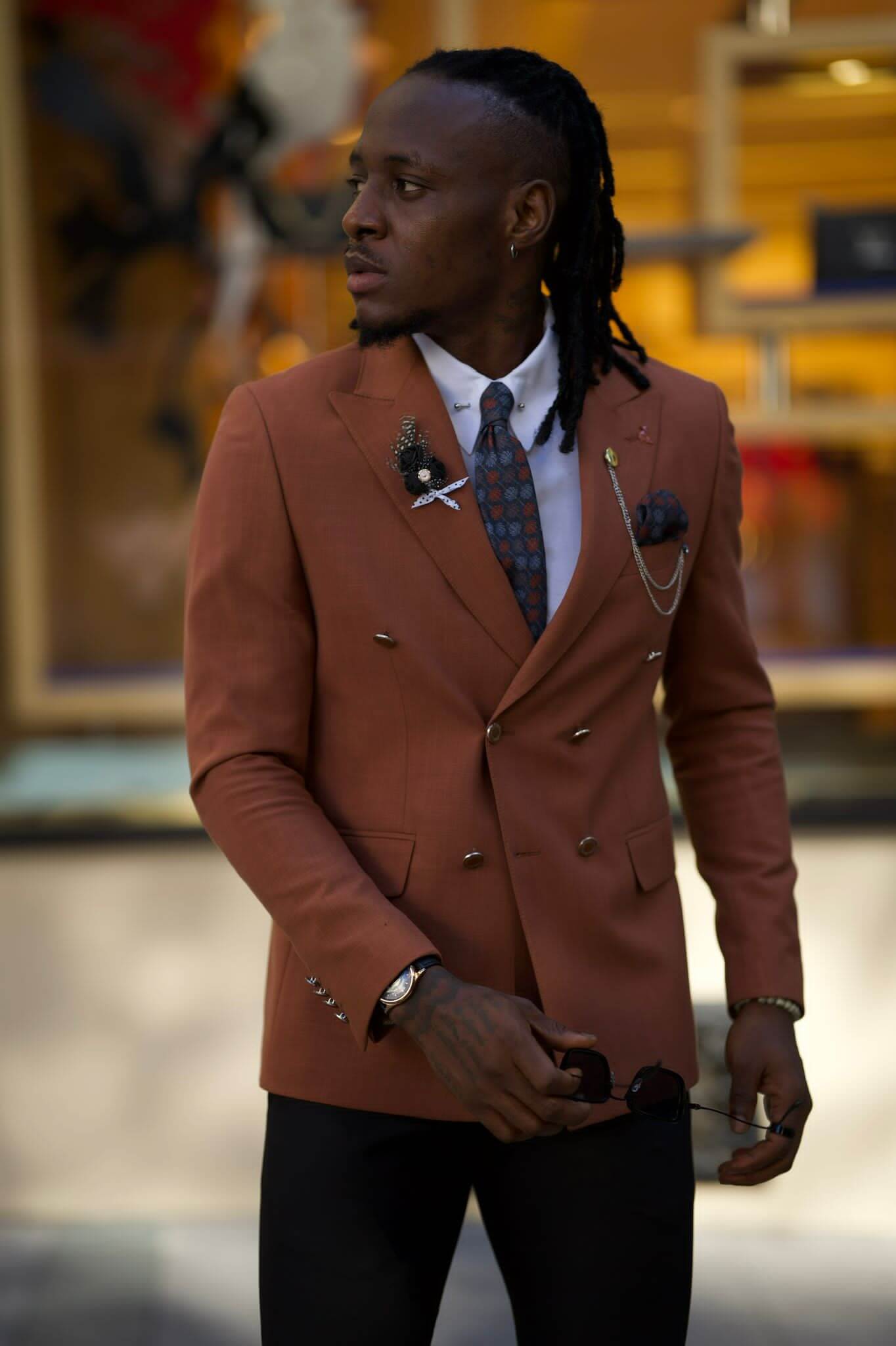 Camel double-breasted blazer with a tailored fit
