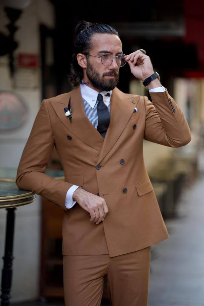 Camel Double-Breasted Suit - Timeless Look