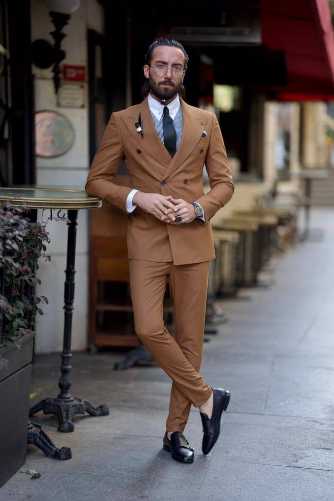 Camel Double-Breasted Suit - Timeless Look