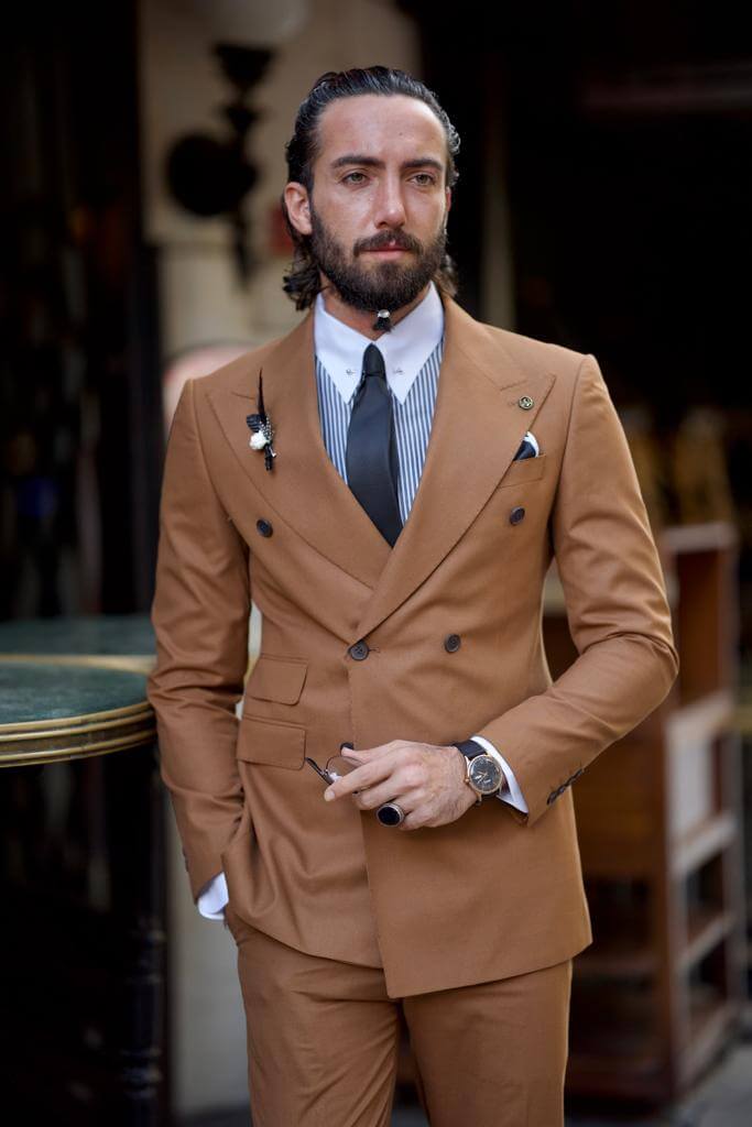 Camel Double-Breasted Suit - Timeless Look