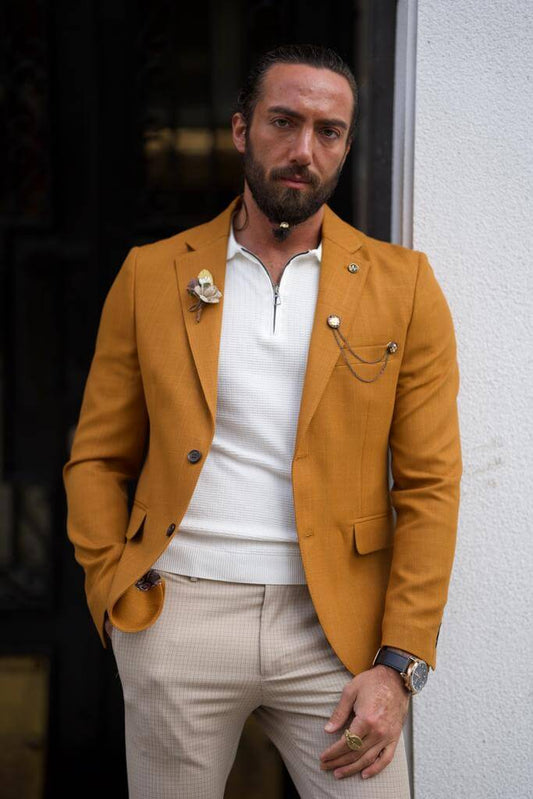 A  camel-colored jacket with a dapper desig