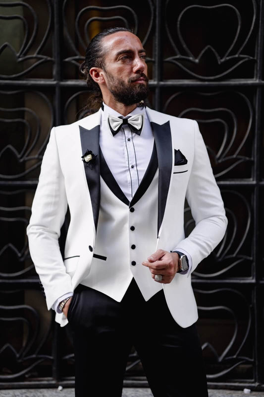 A Satin Collar Special Design Tuxedo Suit on display.