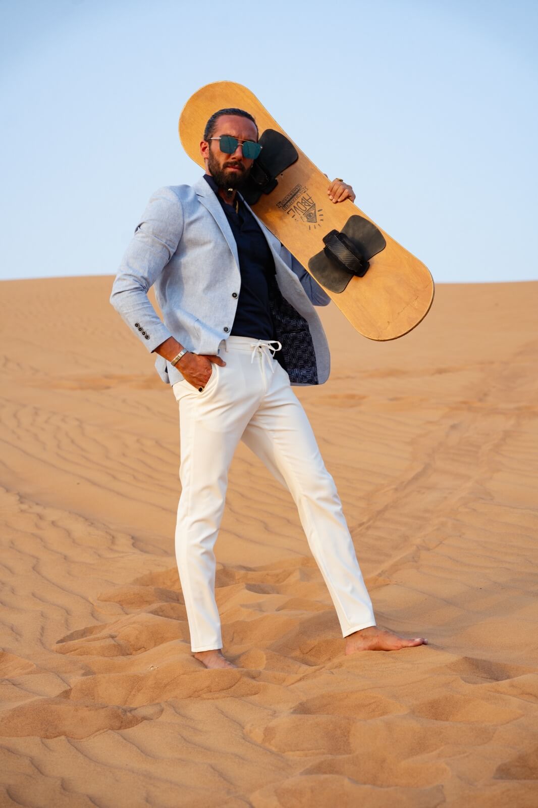 A Light navy blue Linen Jacket on display.