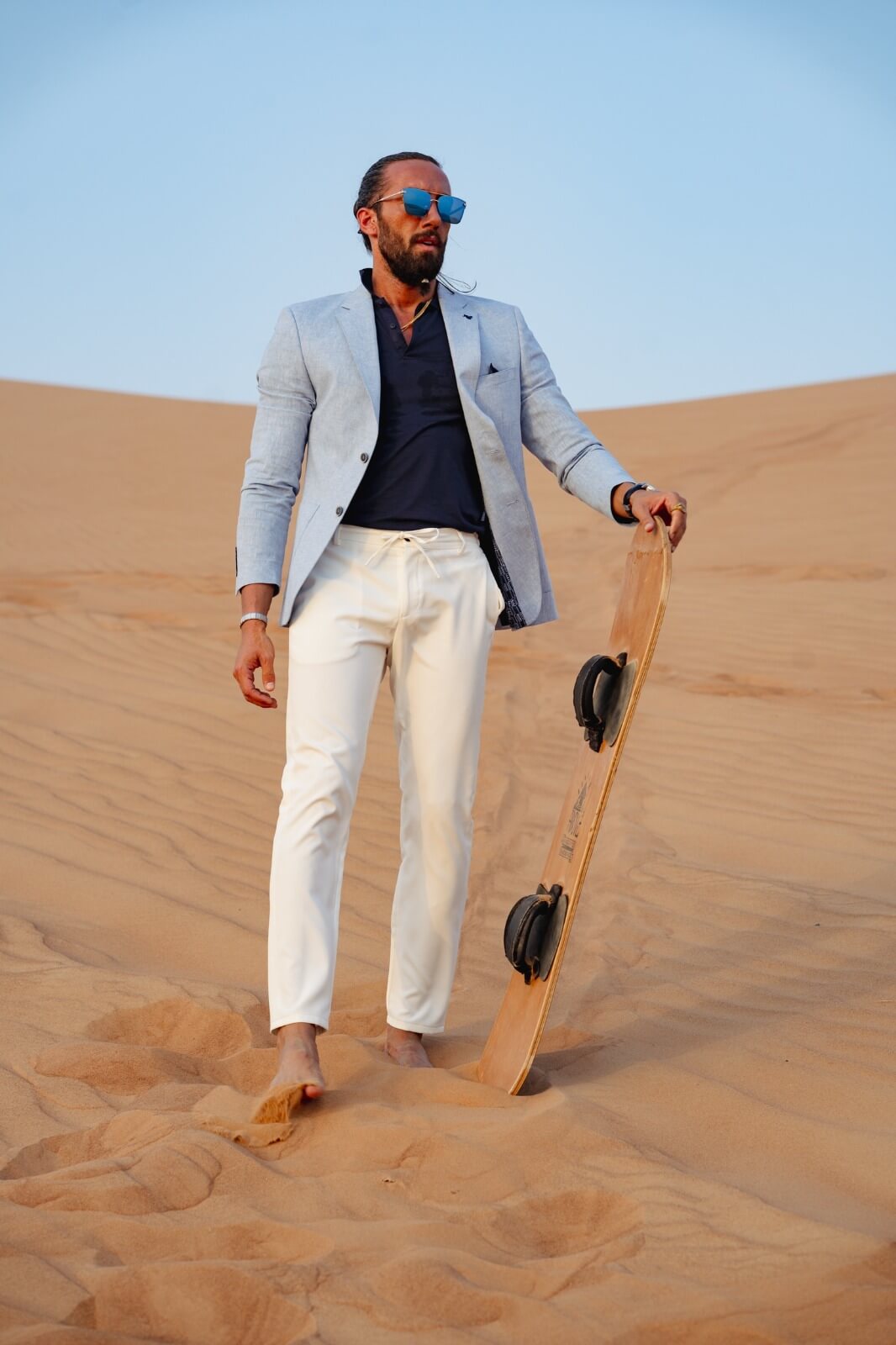 A Light navy blue Linen Jacket on display.