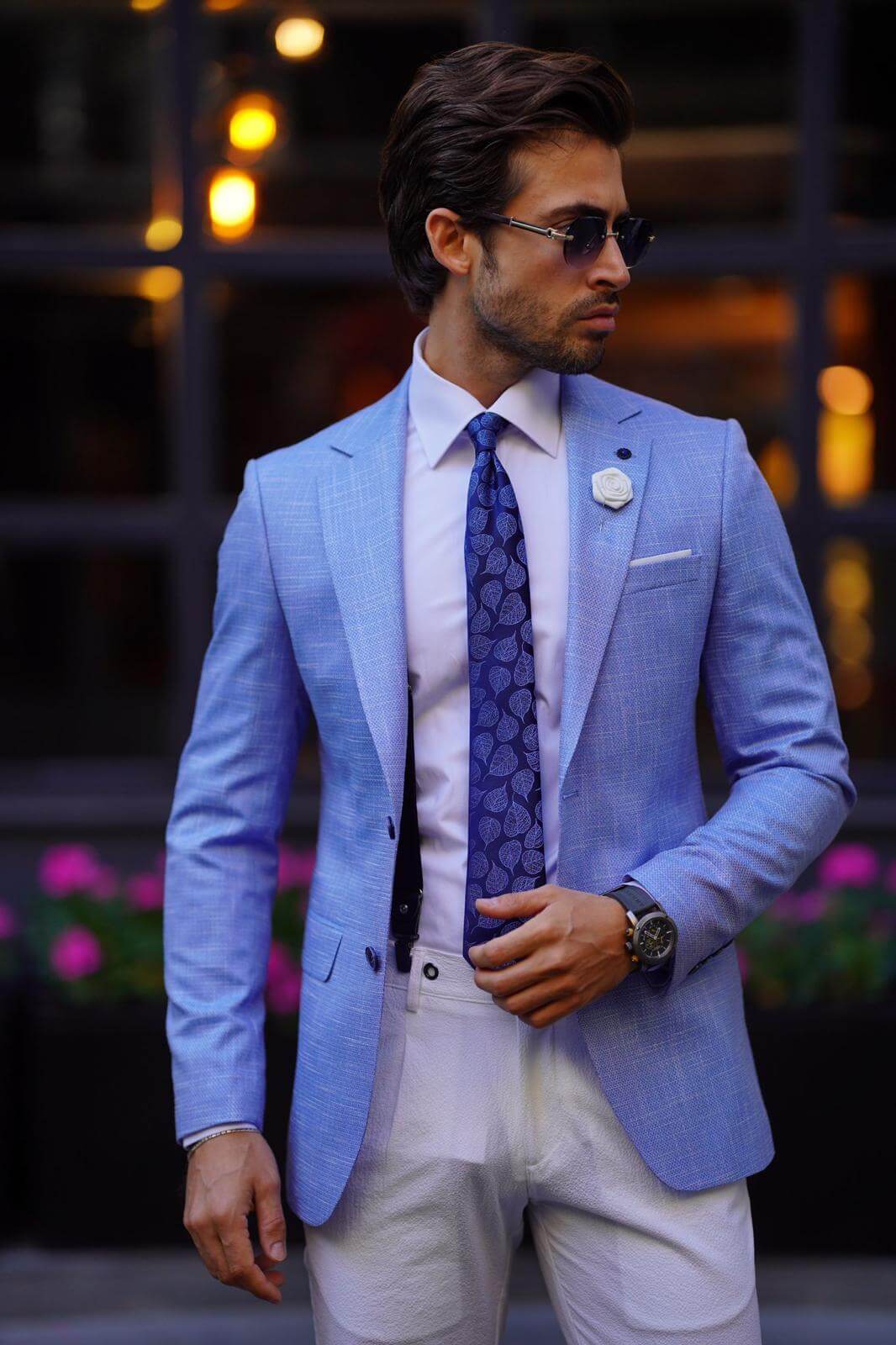 A Mono Collar Linen Blue Jacket on display.