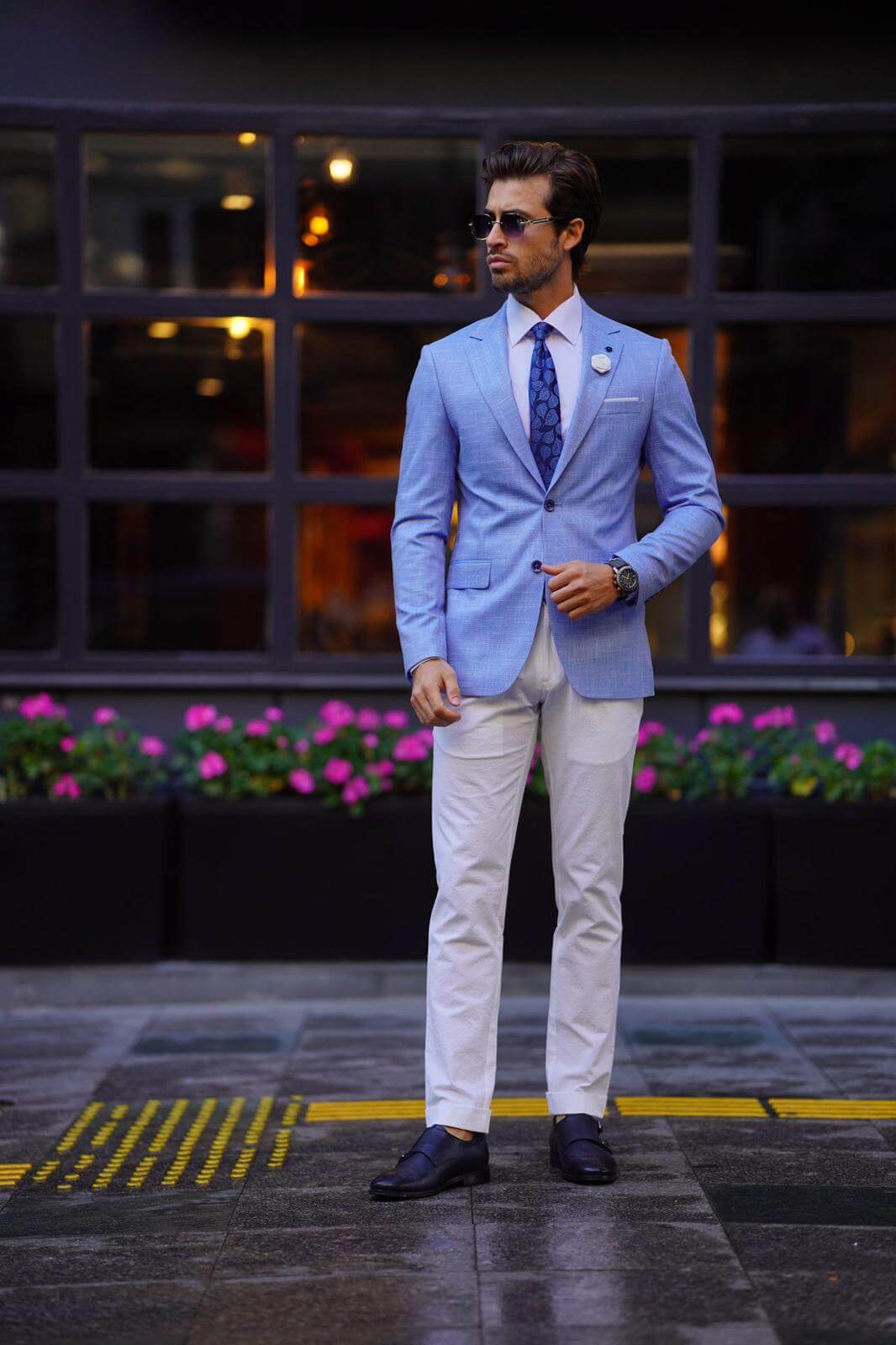 A Mono Collar Linen Blue Jacket on display.