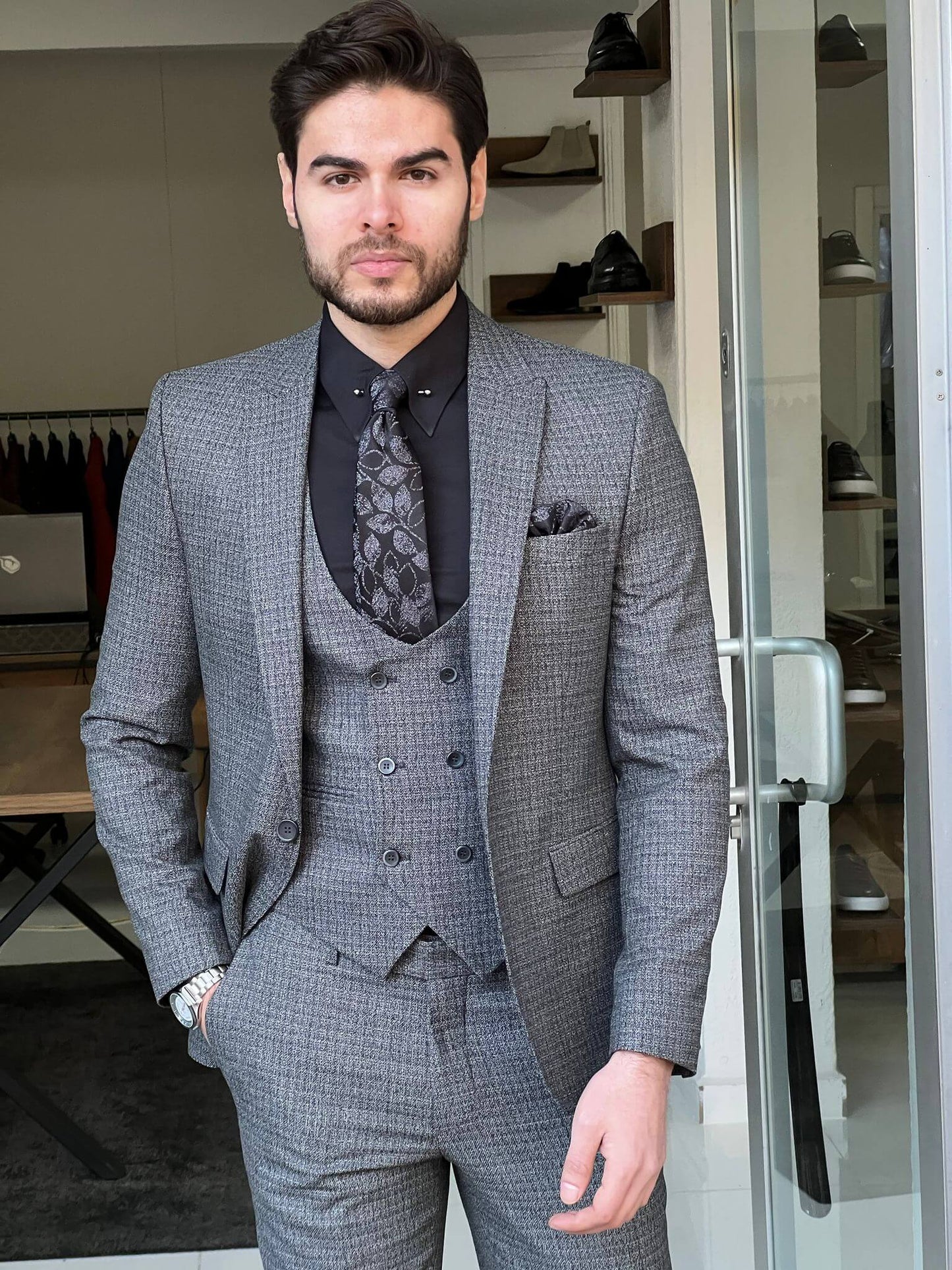 Patterned Gray Wool Suit
