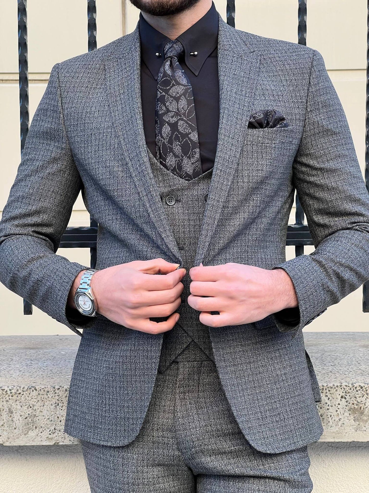 Patterned Gray Wool Suit