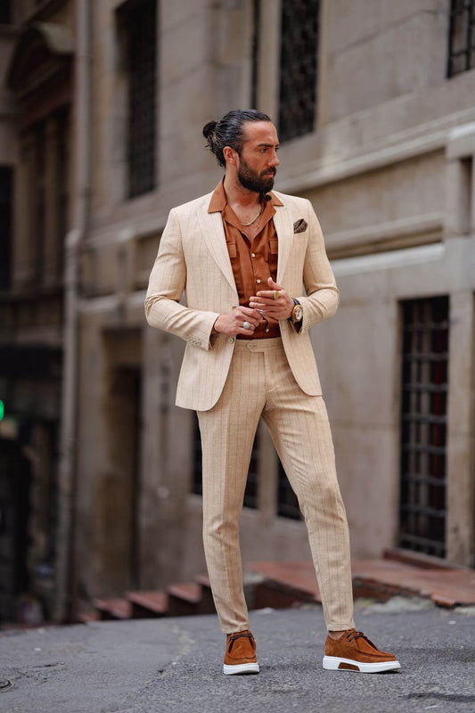 Men's beige linen suit with stripes